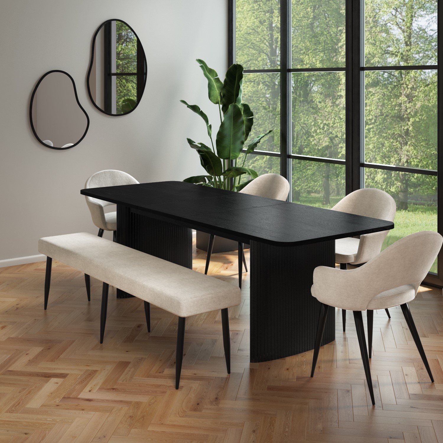 Photo of Black oak extendable dining set with 4 beige fabric dining chairs and 1 dining bench - seats 6 - jarel