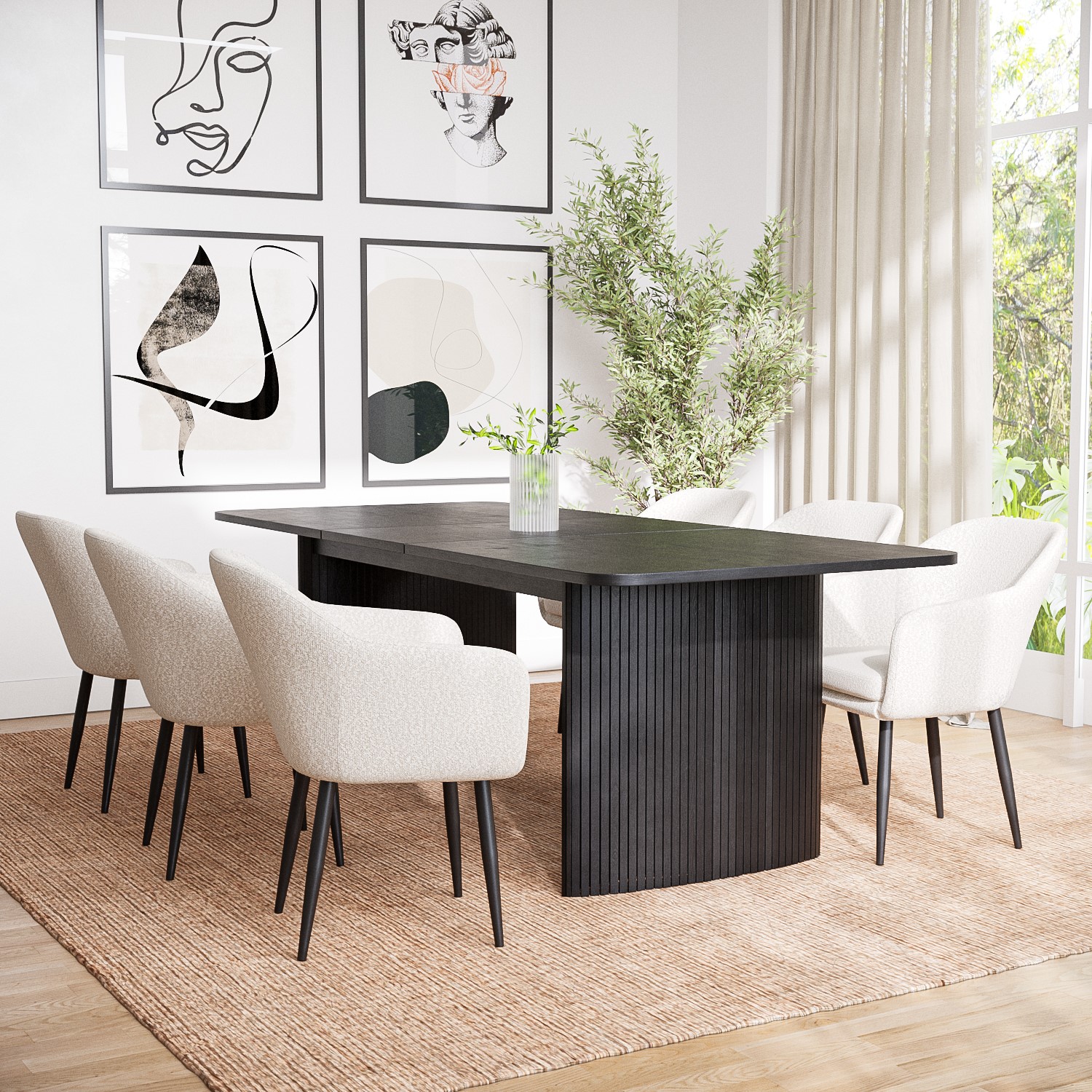 Photo of Black oak extendable dining table with 6 cream boucle dining chairs - jarel