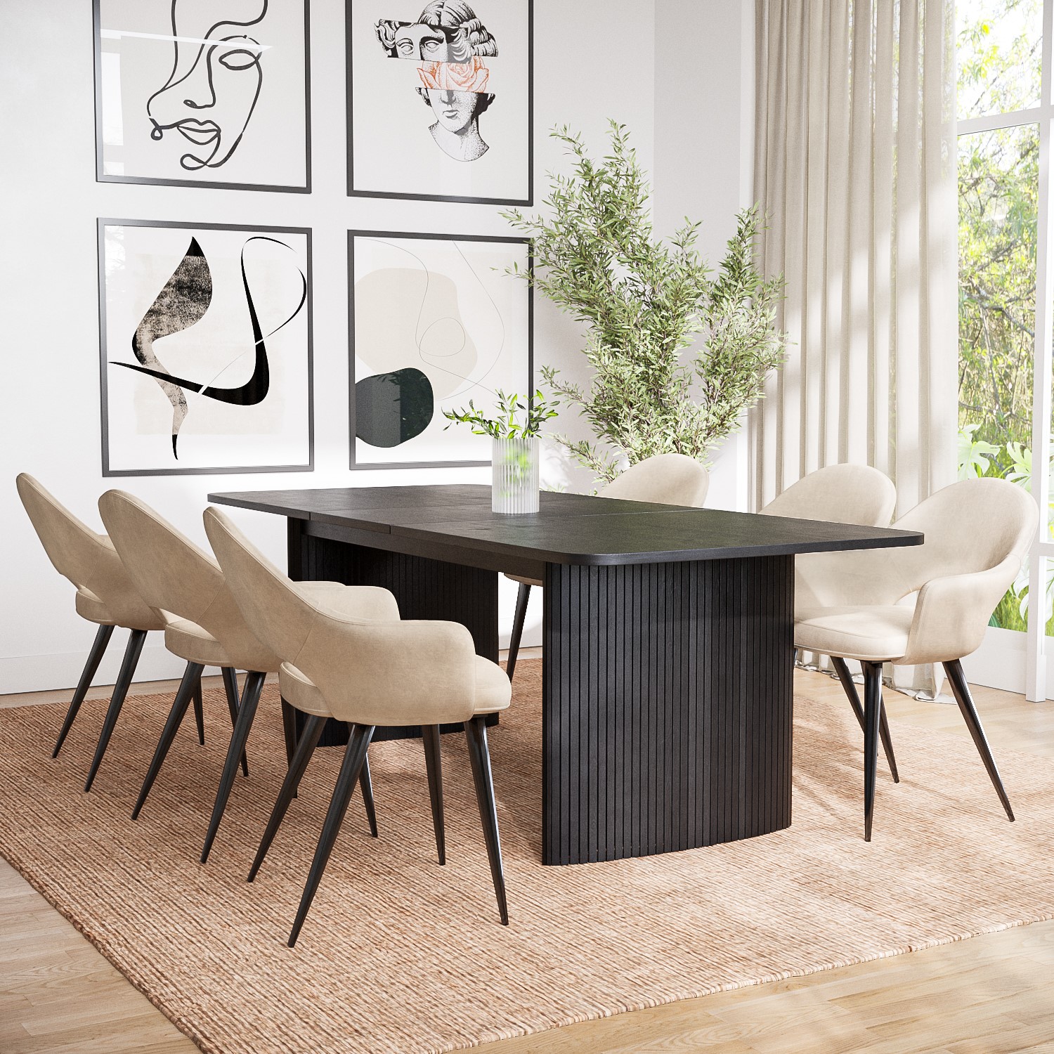 Photo of Large black oak dining table with 6 beige fabric dining chairs - jarel