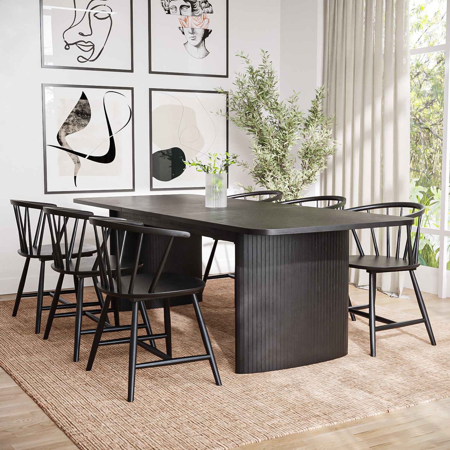 Photo of Extendable black oak dining table with 6 black curved spindle chairs - jarel