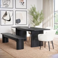 Black Oak Extendable Dining Table Set with 4 Cream Boucle Chairs & 1 Black Bench - Seats 6 - Jarel