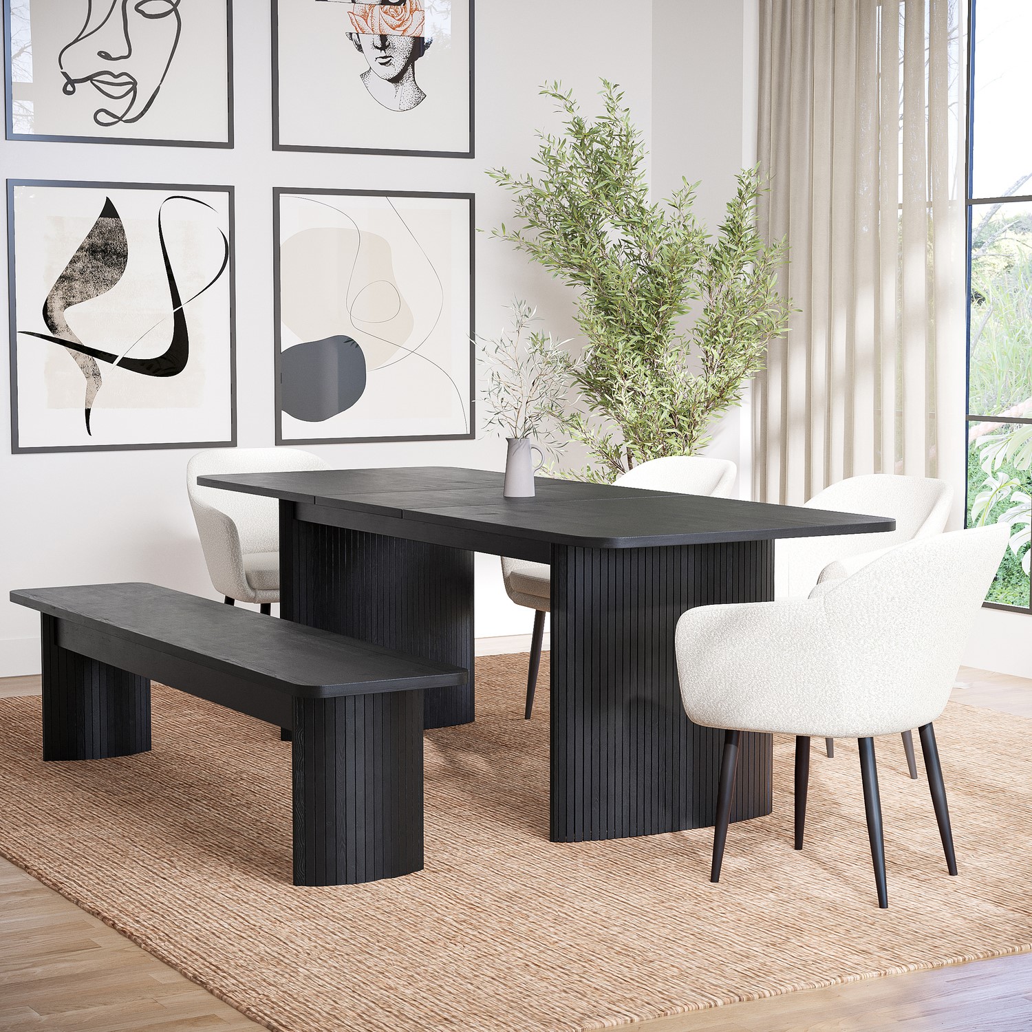 Photo of Extendable black rectangle dining table with 4 cream boucle dining chairs & large black dining bench - seats 6 - jarel