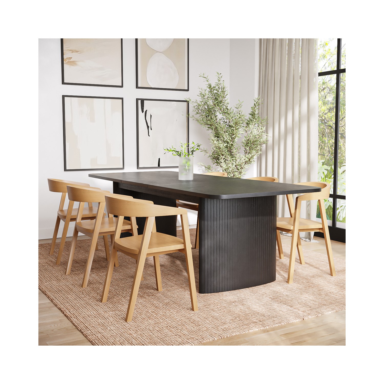 Photo of Extendable black rectangle dining table with 6 solid oak curved dining chairs - jarel