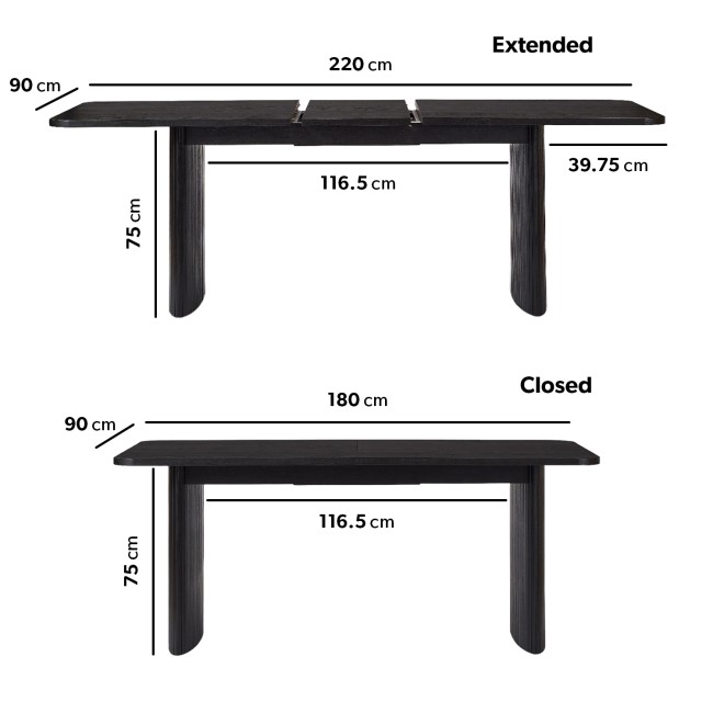 Extendable Black Rectangle Dining Table with 6 Solid Oak Curved Dining Chairs - Jarel