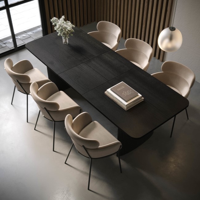 Black Oak Extendable Dining Table Set with 6 Beige Velvet Chairs - Seats 6 - Jarel