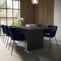 Black Oak Extendable Dining Table Set with 6 Navy Velvet Chairs - Seats 6 - Jarel
