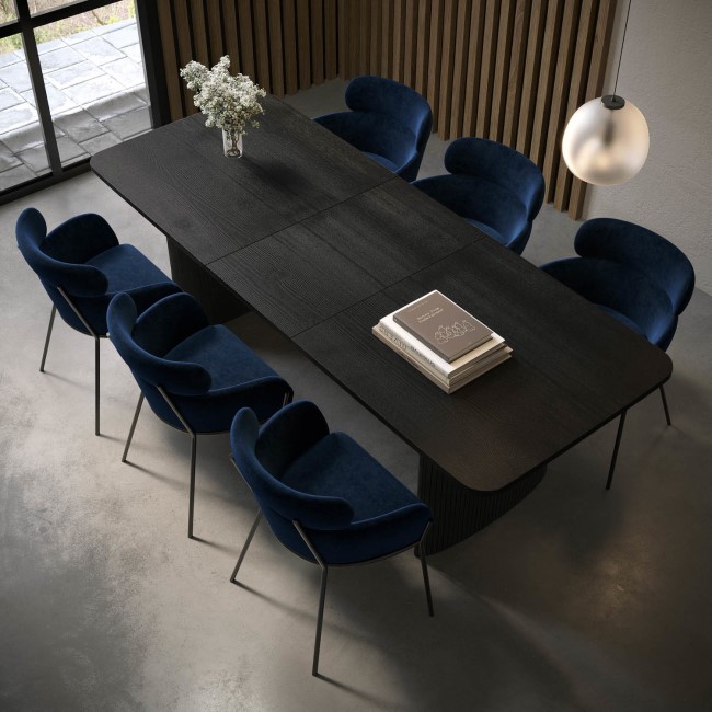 Black Oak Extendable Dining Table Set with 6 Navy Velvet Chairs - Seats 6 - Jarel