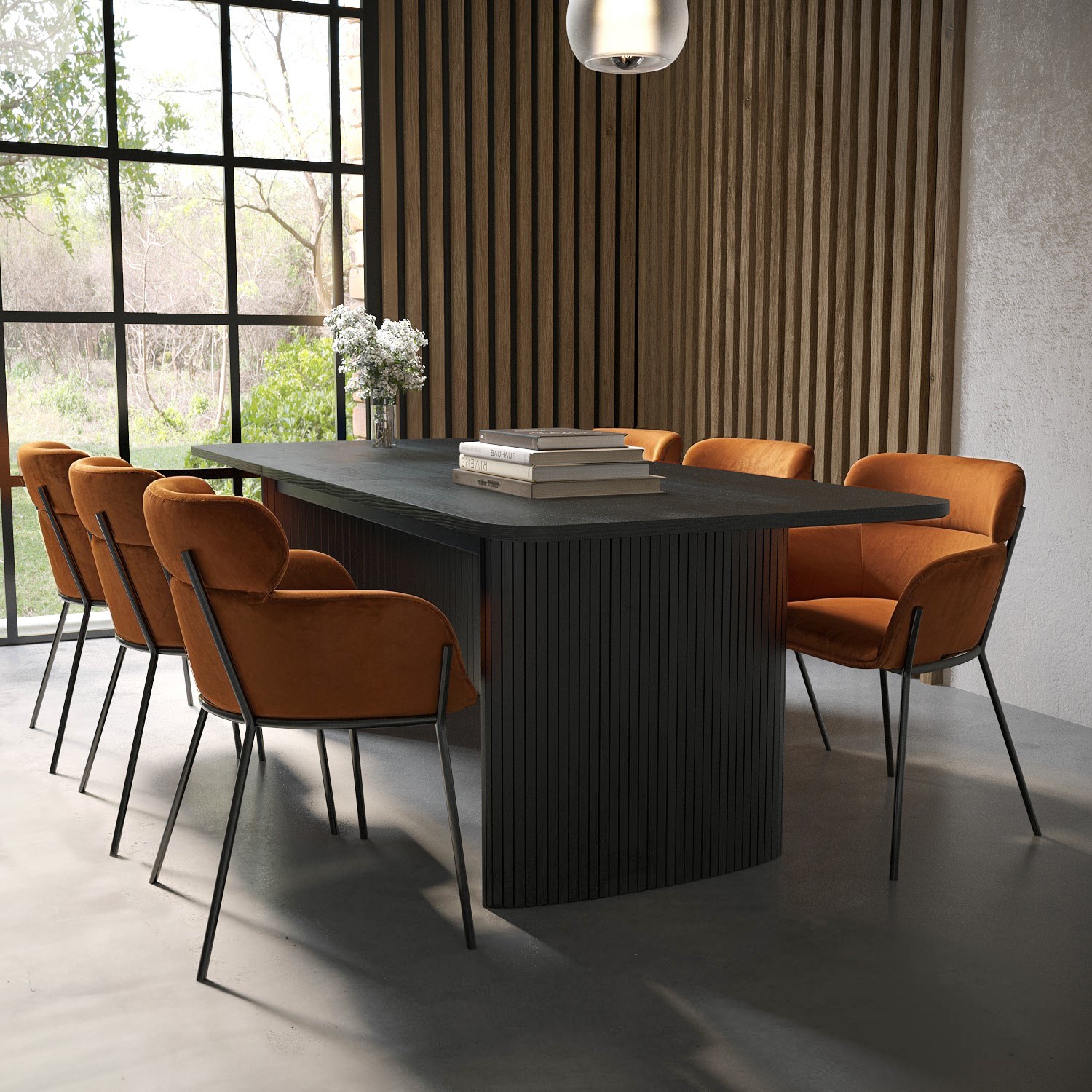 Large Rectangular Oak Extendable Dining Table Set 6 Burnt Orange Velvet Chairs Seats 6