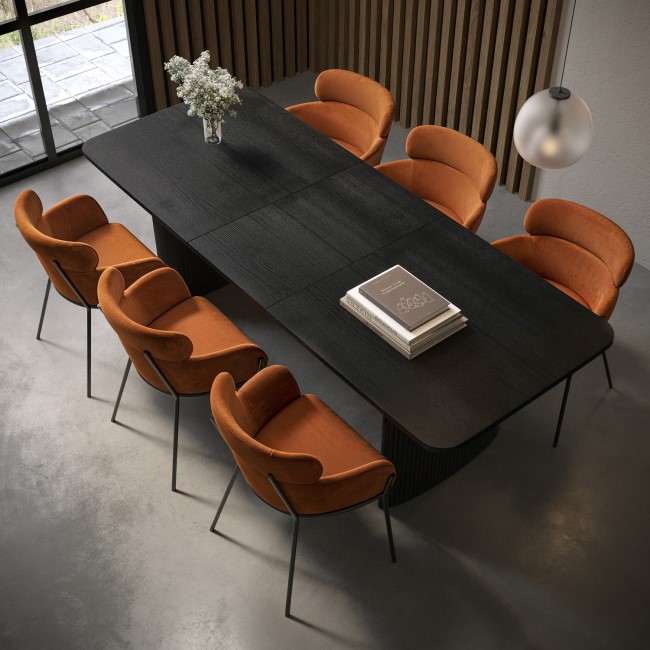 Black Oak Extendable Dining Table Set with 6 Burnt Orange Velvet Chairs - Seats 6 - Jarel