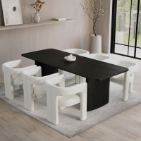 Black Oak Extendable Dining Table Set with 6 Cream Boucle Dining Chairs - Seats 6 - Jarel