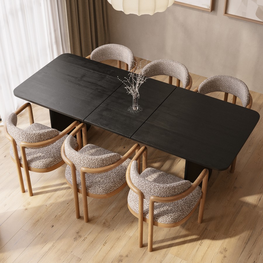 Black Oak Extendable Dining Table Set with 6 Neutral Upholstered Dining Chairs - Seats 6 - Jarel