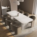 BUN/JAR007W/93880 White Wooden Extendable Dining Table Set with 6 Mink Velvet Curved Chairs - Seats 6 - Jarel