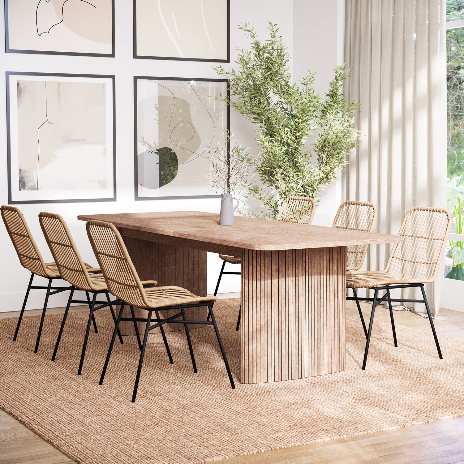 Photo of Extendable oak dining table with 6 rattan dining chairs - jarel