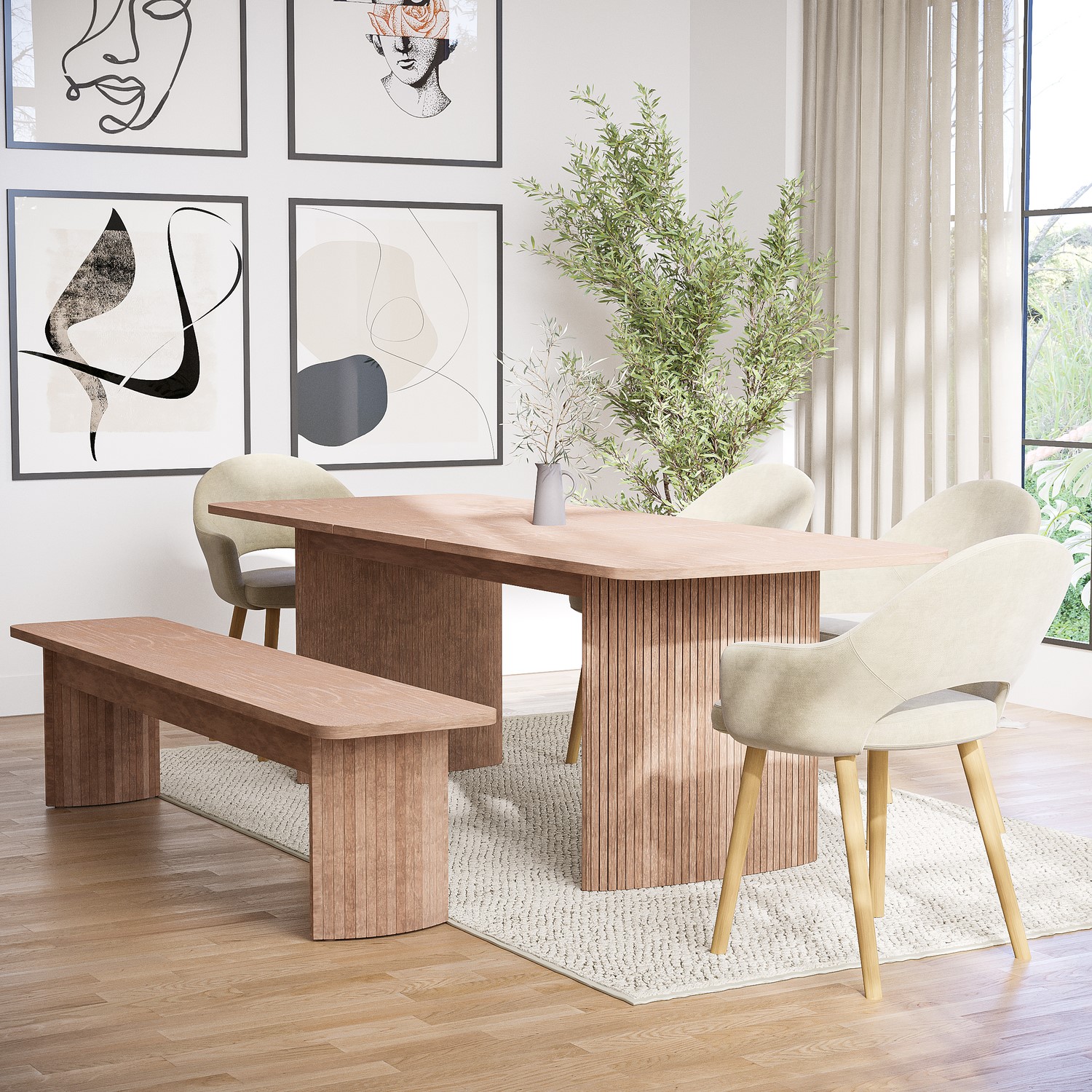 Photo of Extendable rectangle oak dining table with 4 beige fabric dining chairs & large oak dining bench - seats 6 - jarel