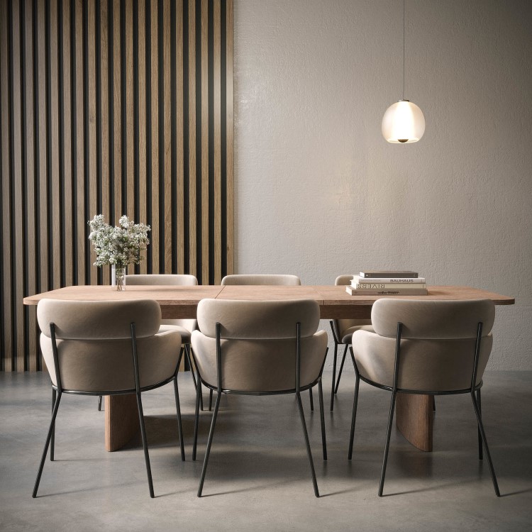 Oak Extendable Dining Table Set with 6 Beige Velvet Chairs - Seats 6 - Jarel