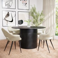 Round Black Oak Dining Table Set with 4 Beige Upholstered Chairs - Seats 4 - Jarel