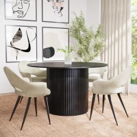 Round Black Oak Dining Table Set with 4 Beige Upholstered Chairs - Seats 4 - Jarel Round Black Oak Dining Table Set with 4 Beige Upholstered Chairs - Seats 4 - Jarel