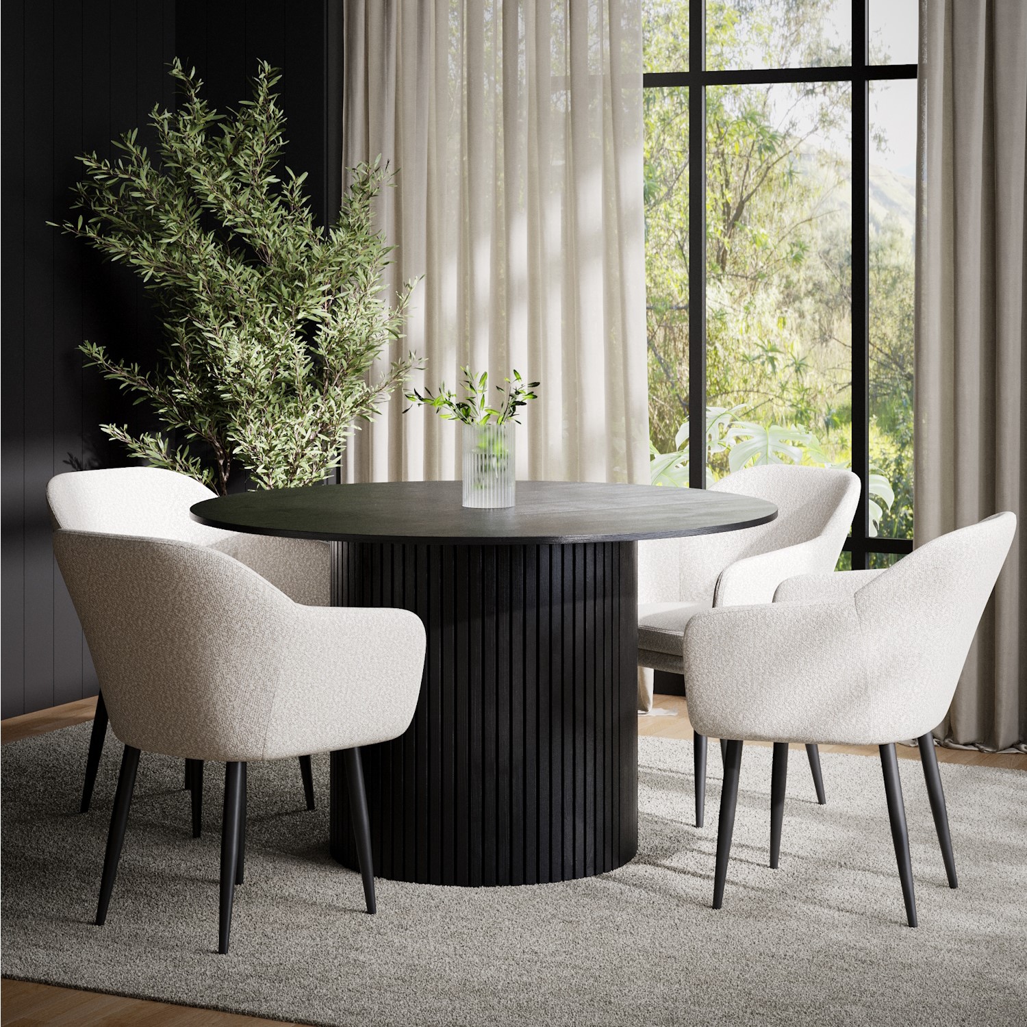Photo of Round black oak dining table with 4 cream boucle chairs - jarel