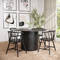 Round Black Oak Dining Table Set with 4 Black Spindle Back Chairs - Seats 4 - Jarel