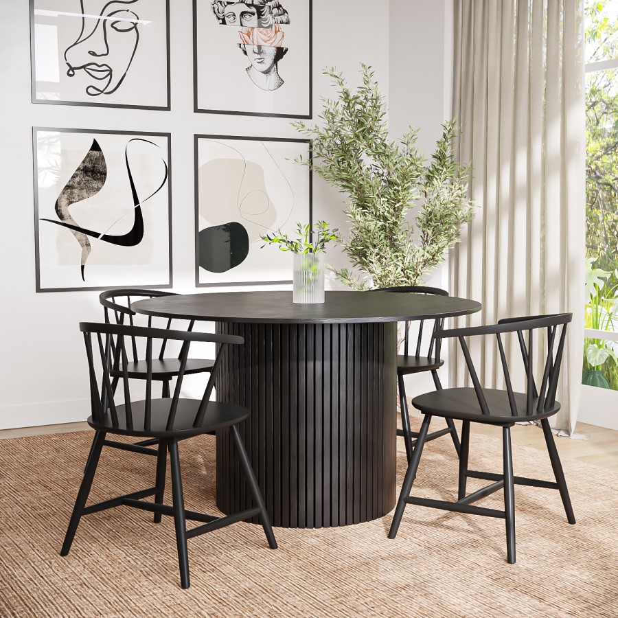 Round Black Oak Dining Table Set with 4 Black Spindle Back Chairs - Seats 4 - Jarel