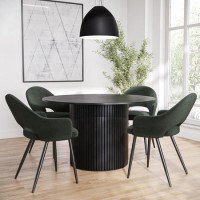 Round Black Oak Dining Table Set with 4 Green Upholstered Chairs - Seats 4 - Jarel