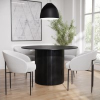 Round Black Oak Dining Table Set with 4 Cream Boucle Chairs - Seats 4 - Jarel Round Black Oak Dining Table Set with 4 Cream Boucle Chairs - Seats 4 - Jarel