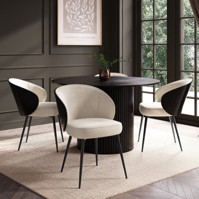 Round Black Oak Dining Table Set with 4 Beige Upholstered Chairs - Seats 4 - Jarel