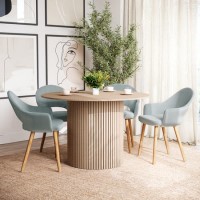 Oak Round Dining Table With 4 Herringbone Fabric Dining Chairs - Jarel