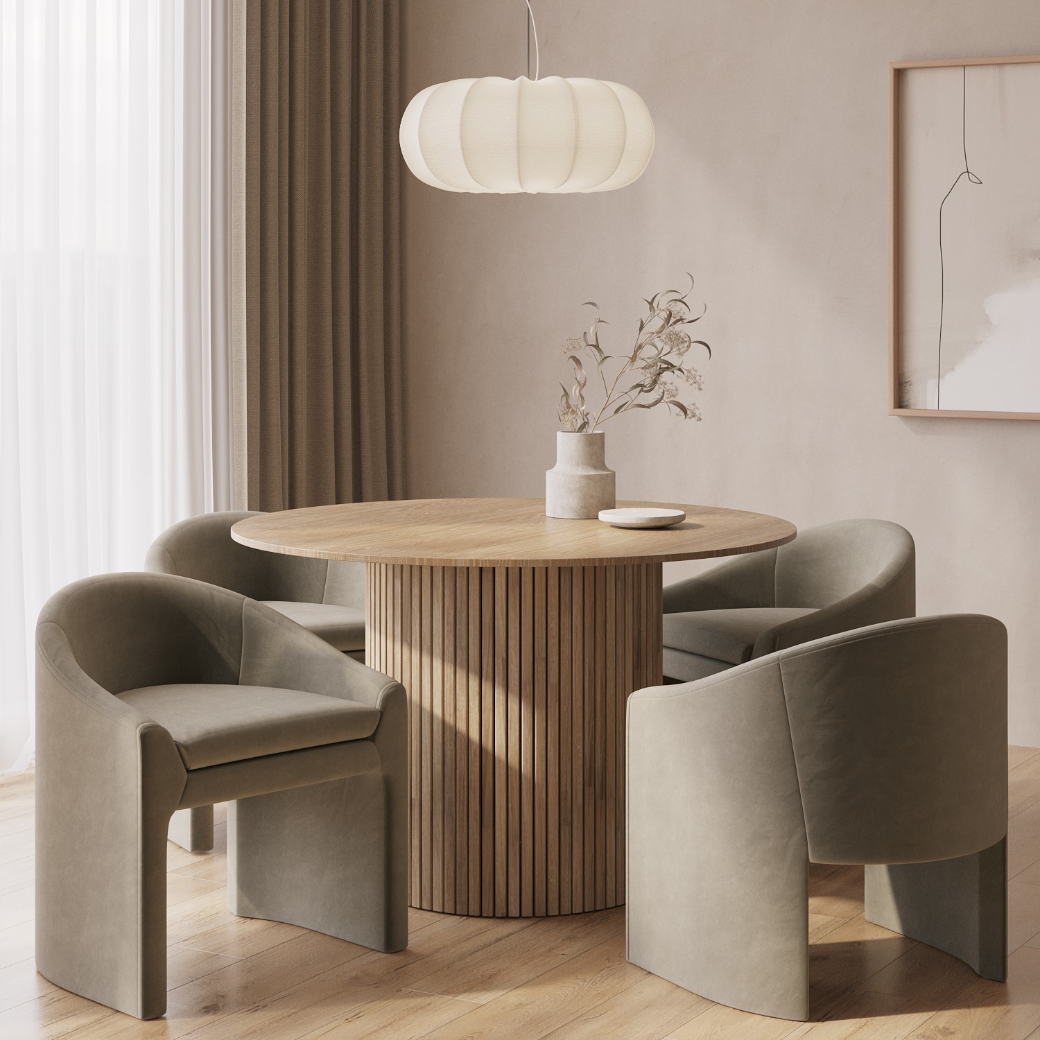 Round Light Oak Dining Table Set With 4 Upholstered Mink Velvet Curved round-light-oak-dining-table-set-with-4-upholstered-mink-velvet-curved