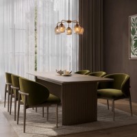 Walnut Finish Extendable Dining Table Set with 6 Green Upholstered Curved Dining Chairs - Seats 6 - Jarel