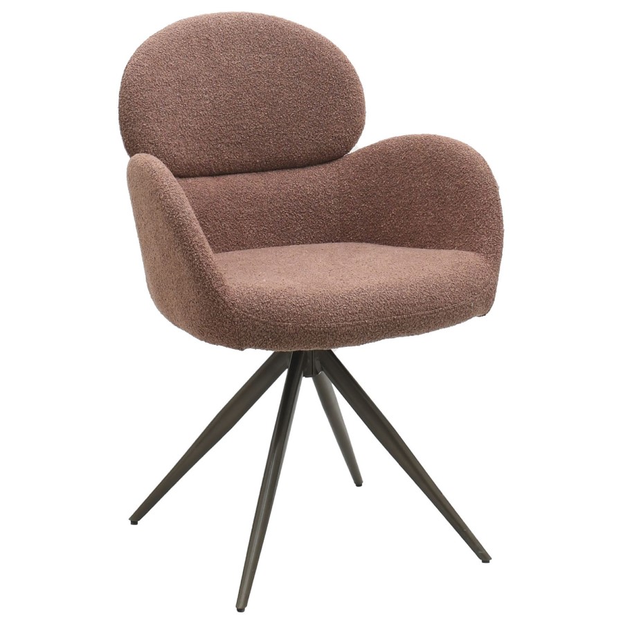 Walnut Curved Leg Dining Table Set with 4 Rust Boucle Swivel Dining Chairs - Leona