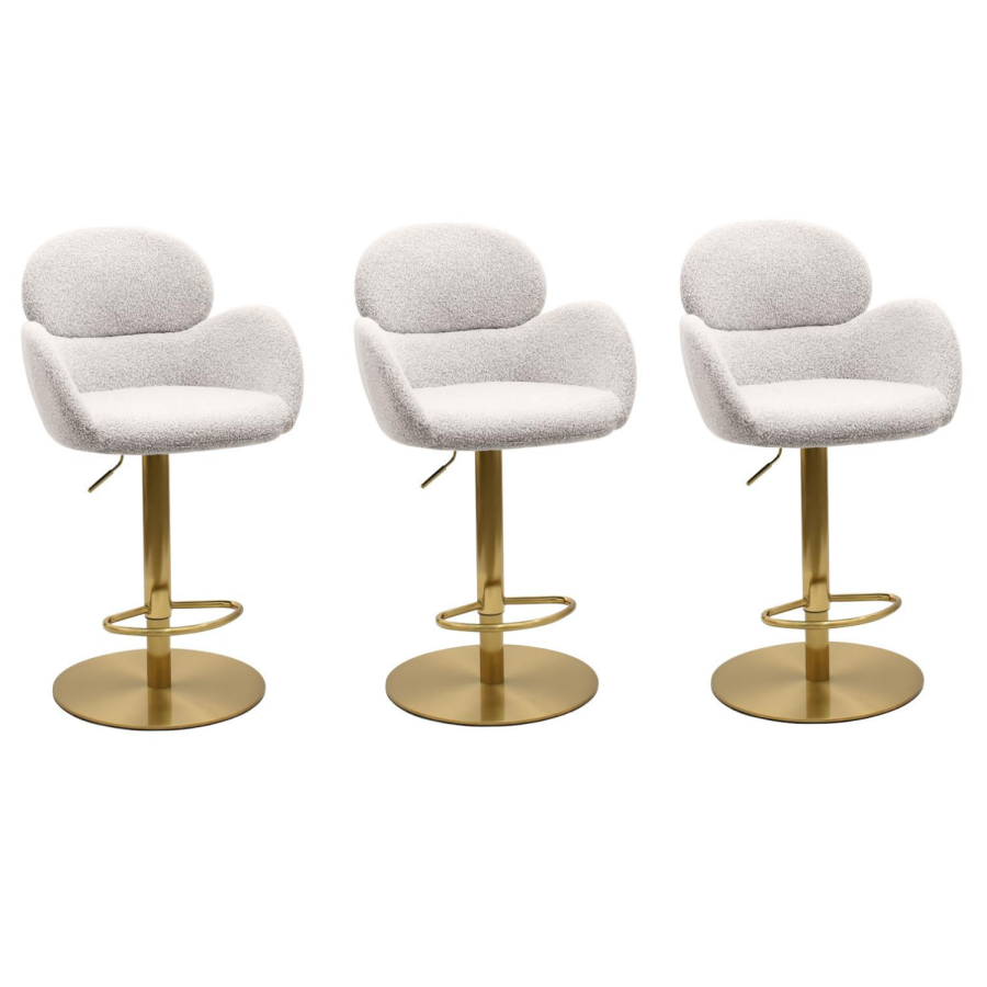 Set of 3 Beige Boucle Adjustable Swivel Bar Stools with Back - Joelle