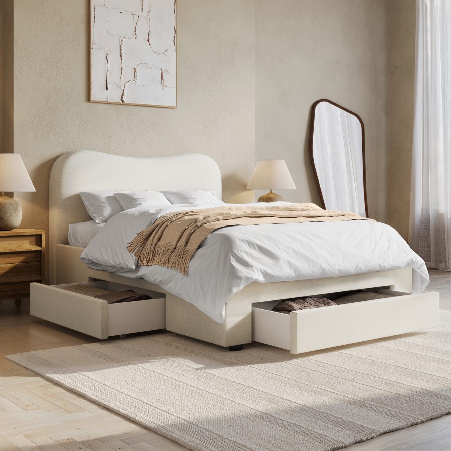 Cream Upholstered Double Bed Frame with Storage Drawers – Joanie