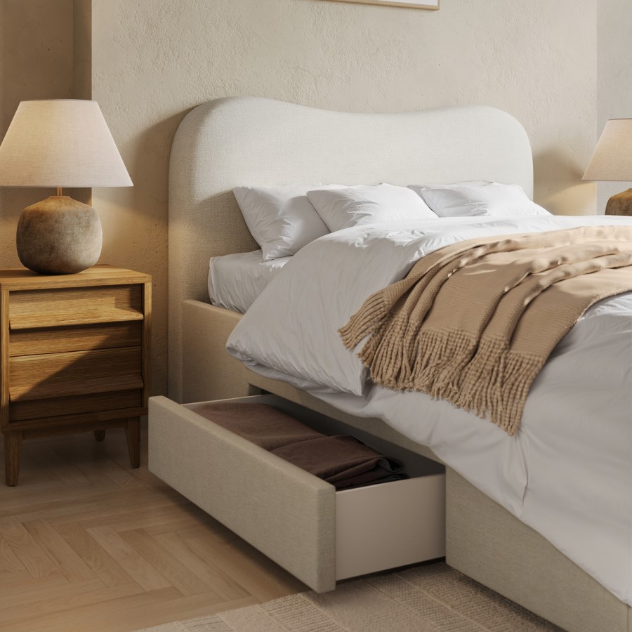 Cream Upholstered Double Bed Frame with Storage Drawers – Joanie