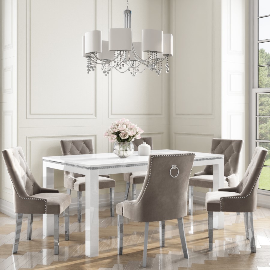 White Gloss Dining Table and 6 Mink Velvet Dining Chairs - Jewel