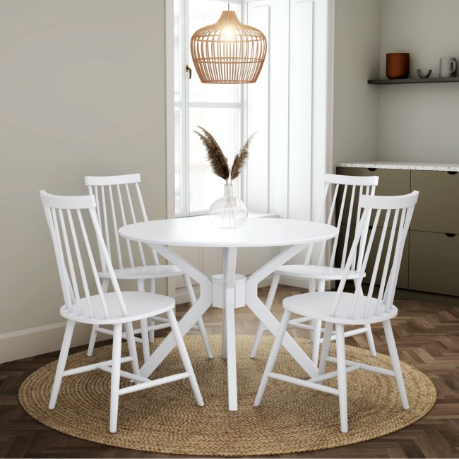 White Round Dining Table with 4 White Spindle Dining Chairs - Karie