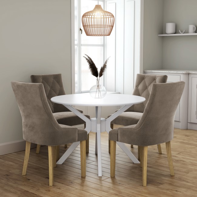 White Round Dining Table with 4 Mink Velvet Dining Chairs Karie