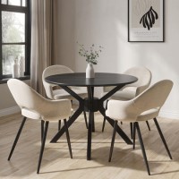 Round Black Dining Table Set with 4 Beige Upholstered Chairs - Seats 4 - Karie