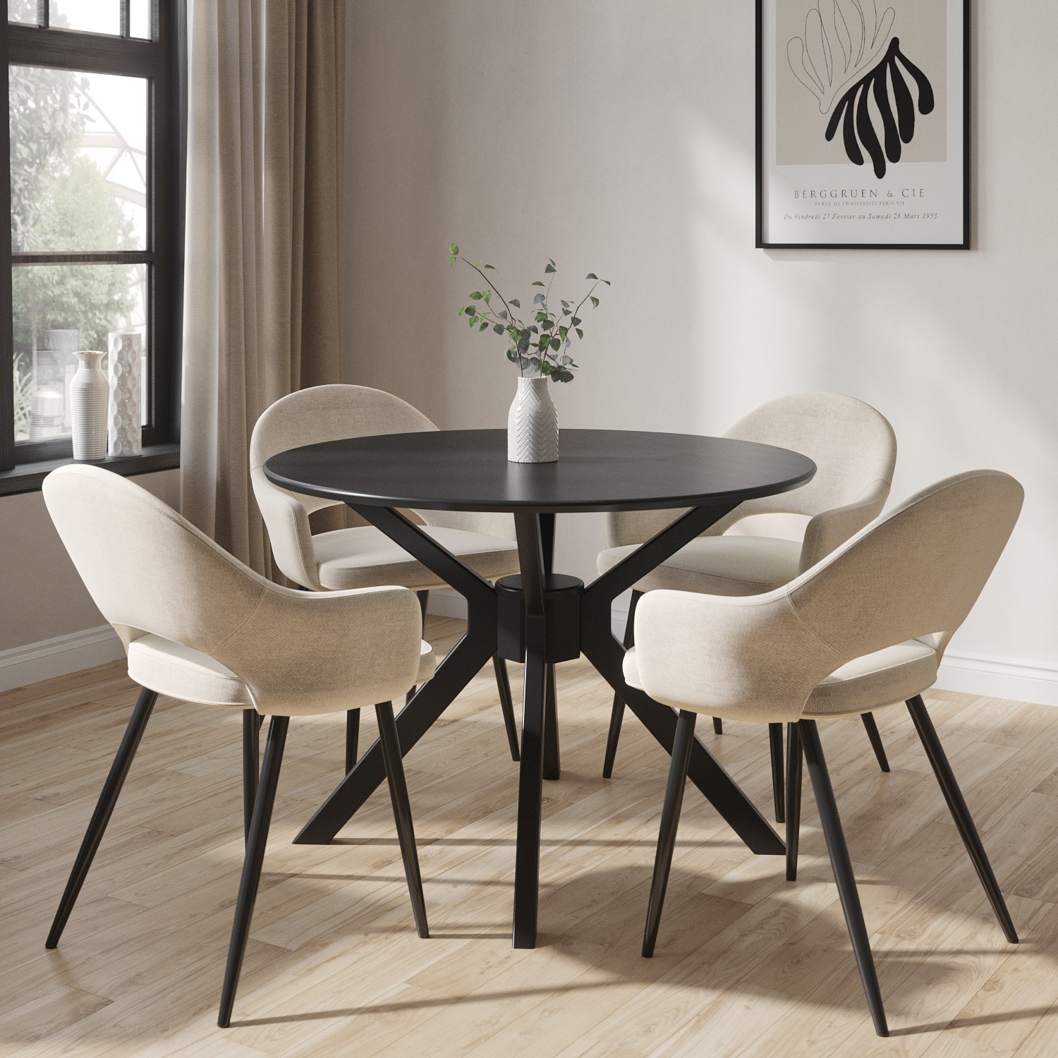 Photo of Round black dining table with 4 beige fabric dining chairs - karie