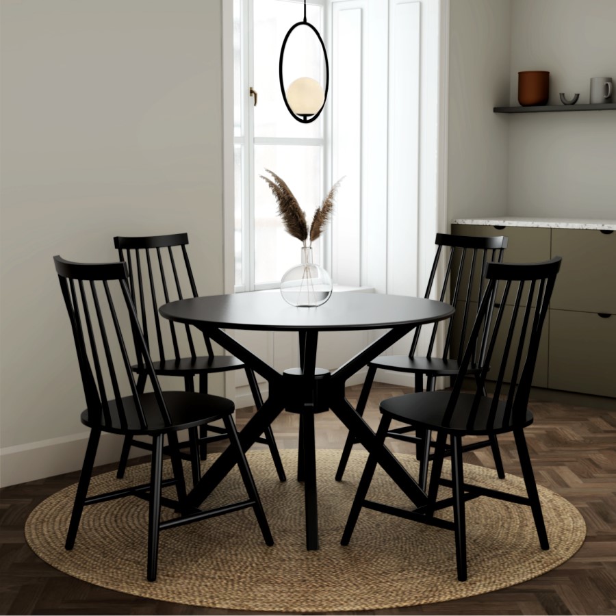 Round Black Dining Table Set with 4 Black Spindle Back Chairs - Seats 4 - Karie