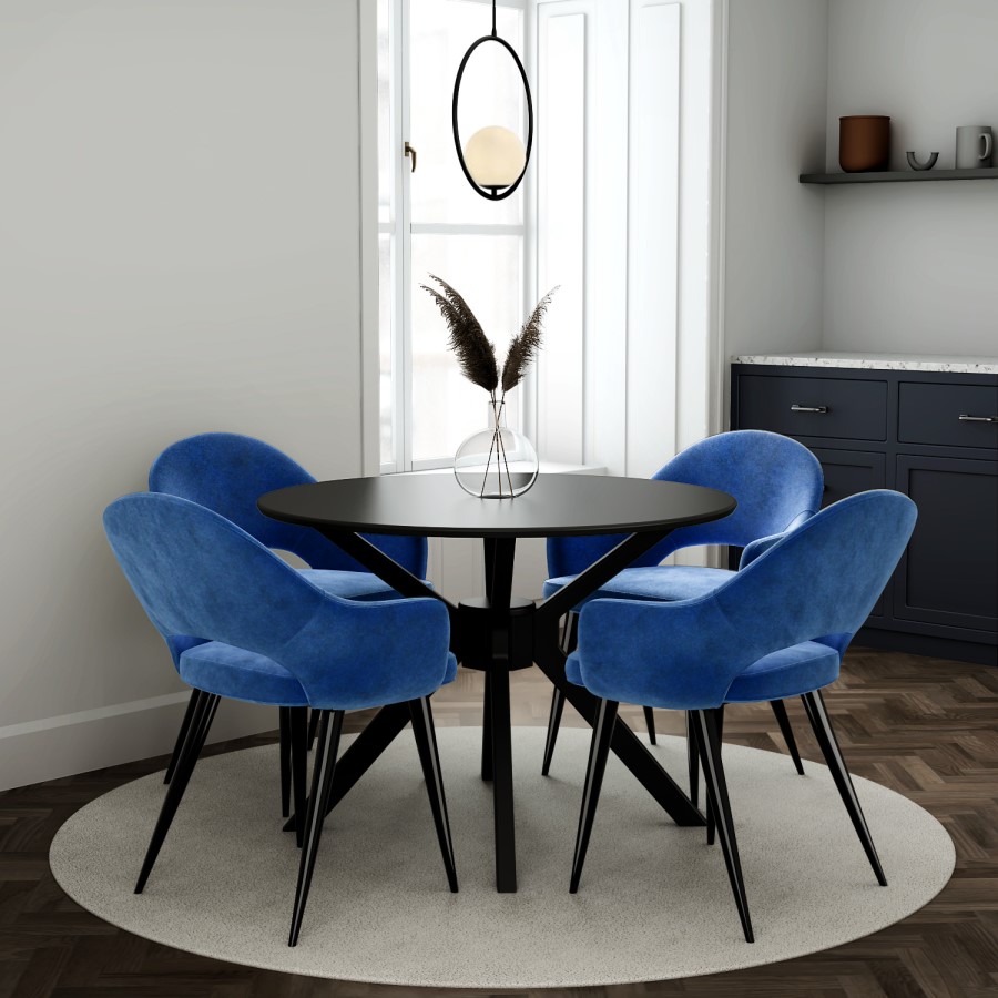 Black Round Dining Table with 4 Blue Fabric Dining Chairs - Karie