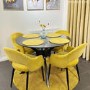 Black Round Dining Table with 4 Mustard Yellow Fabric Dining Chairs- Karie