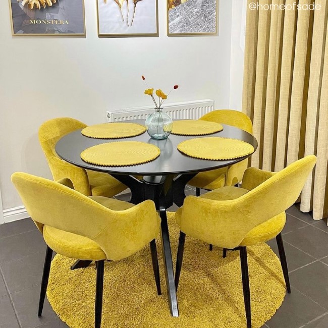 Black Round Dining Table with 4 Mustard Yellow Fabric Dining Chairs- Karie