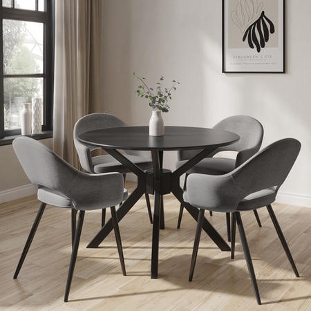 Round Black Dining Table Set with 4 Grey Upholstered Chairs - Seats 4 ...