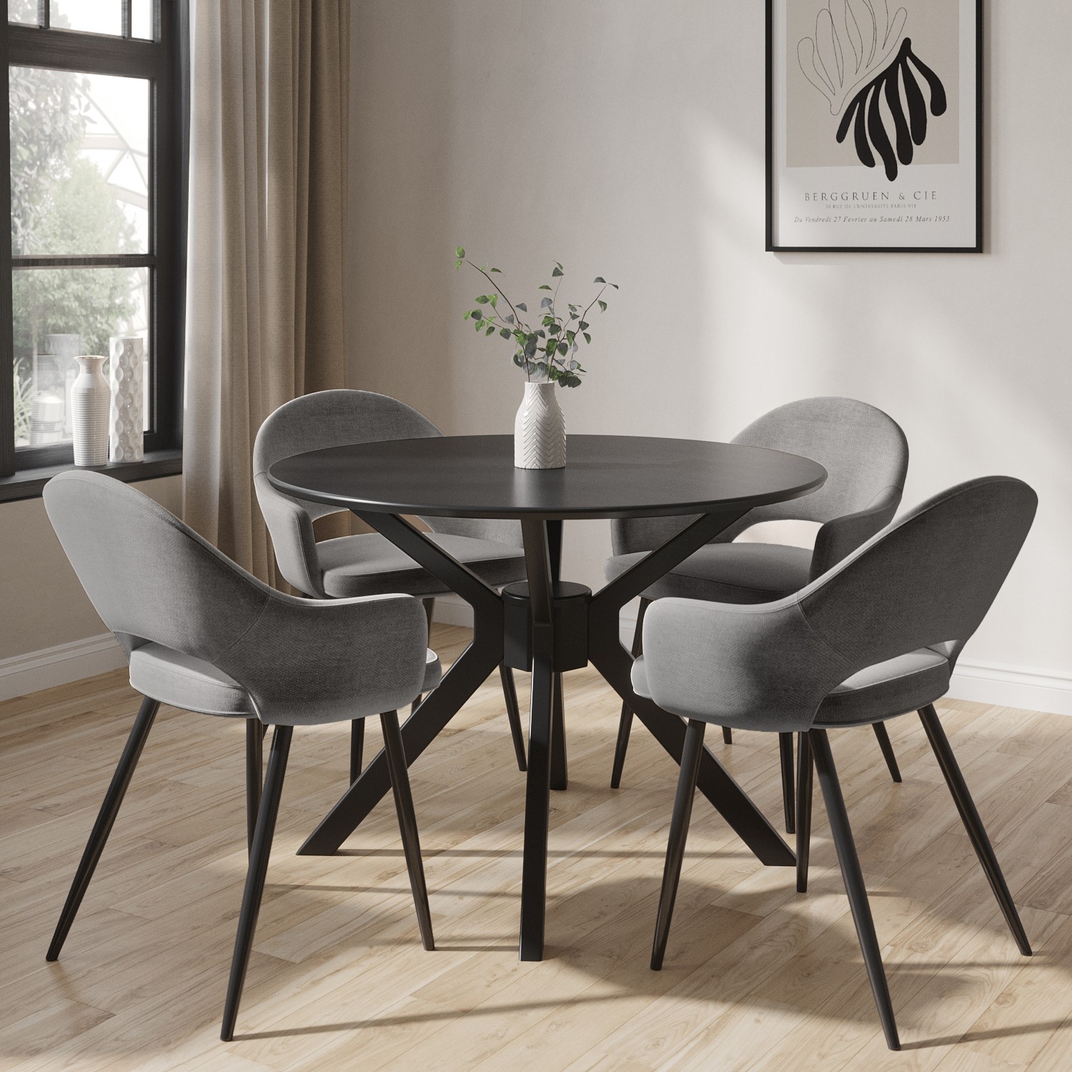 Photo of 4 seater dining set with round black table and grey fabric dining chairs - karie