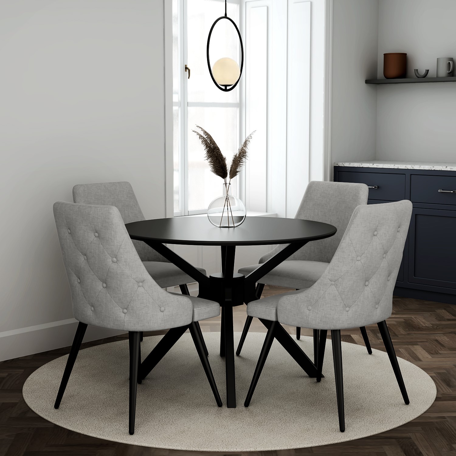 Black Round Dining Table With 4 Grey Woven Fabric Dining Chairs Karie Furniture123 Black Round Dining Table With 4 Grey Woven Fabric Dining Chairs Karie Furniture123