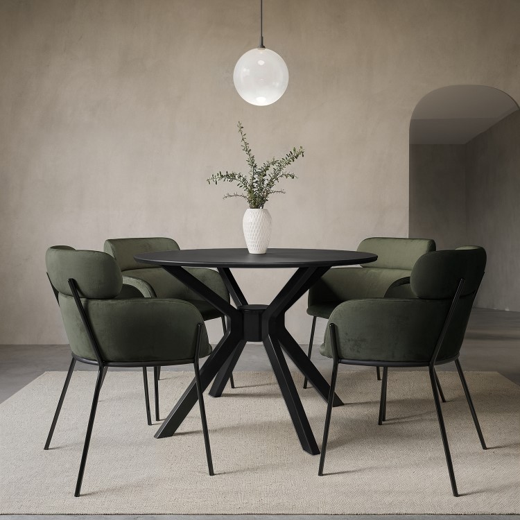 Round Black Dining Table Set with 4 Green Velvet Chairs - Seats 4 - Karie