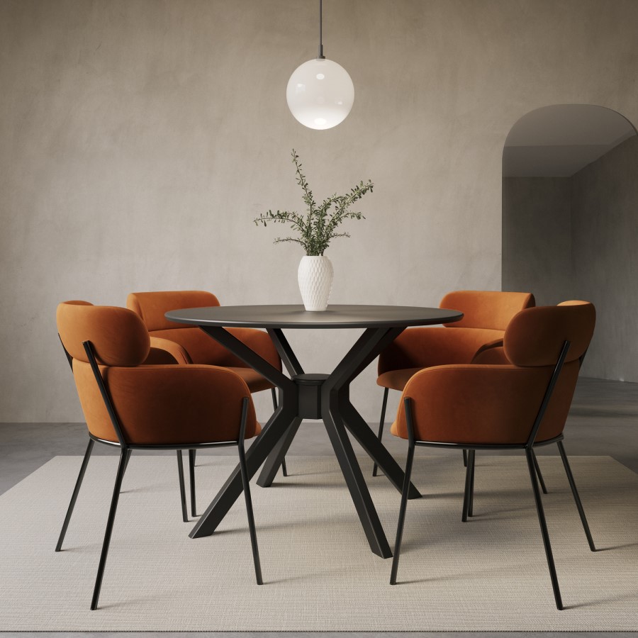 Small Round Black Dining Table Set with 4 Rust Velvet Chairs - Seats 4 - Karie