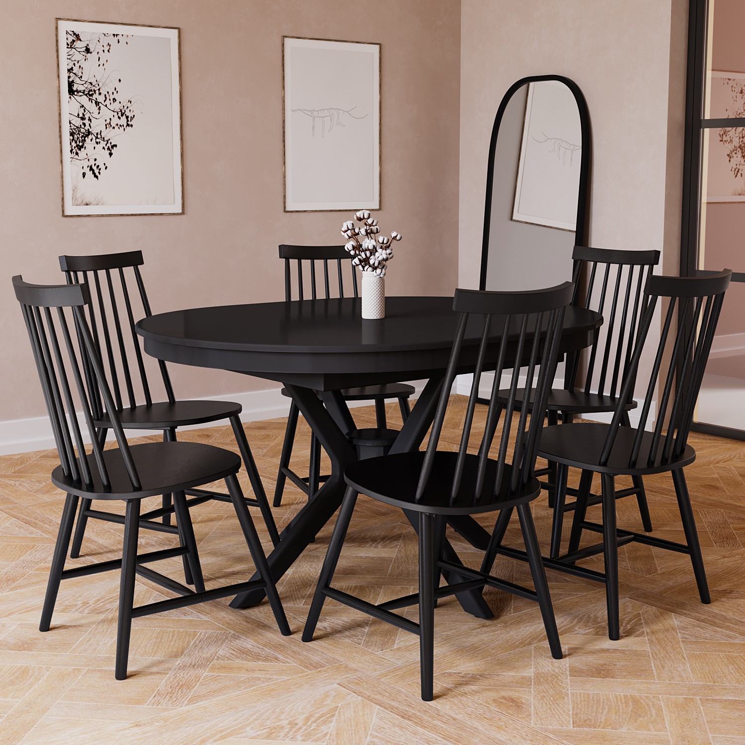 Photo of Extendable round to oval black dining table with 6 black wooden spindle dining chairs - karie