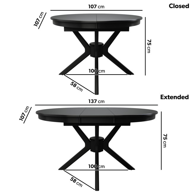 Round Black Extendable Dining Table Set with 6 Black Spindle Back Chairs - Seats 6 - Karie